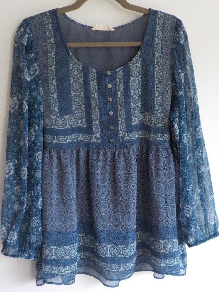 Lucky Brand Blouse  Large  Sheer Lined Boho 34 Sleeve 966